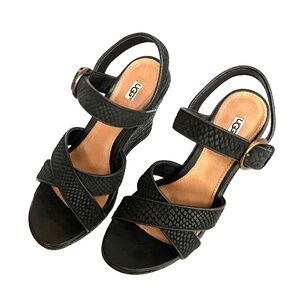 UGG Jazmine Ankle Strap Espadrille Wedge platform Sandal Black Suede Sz 6